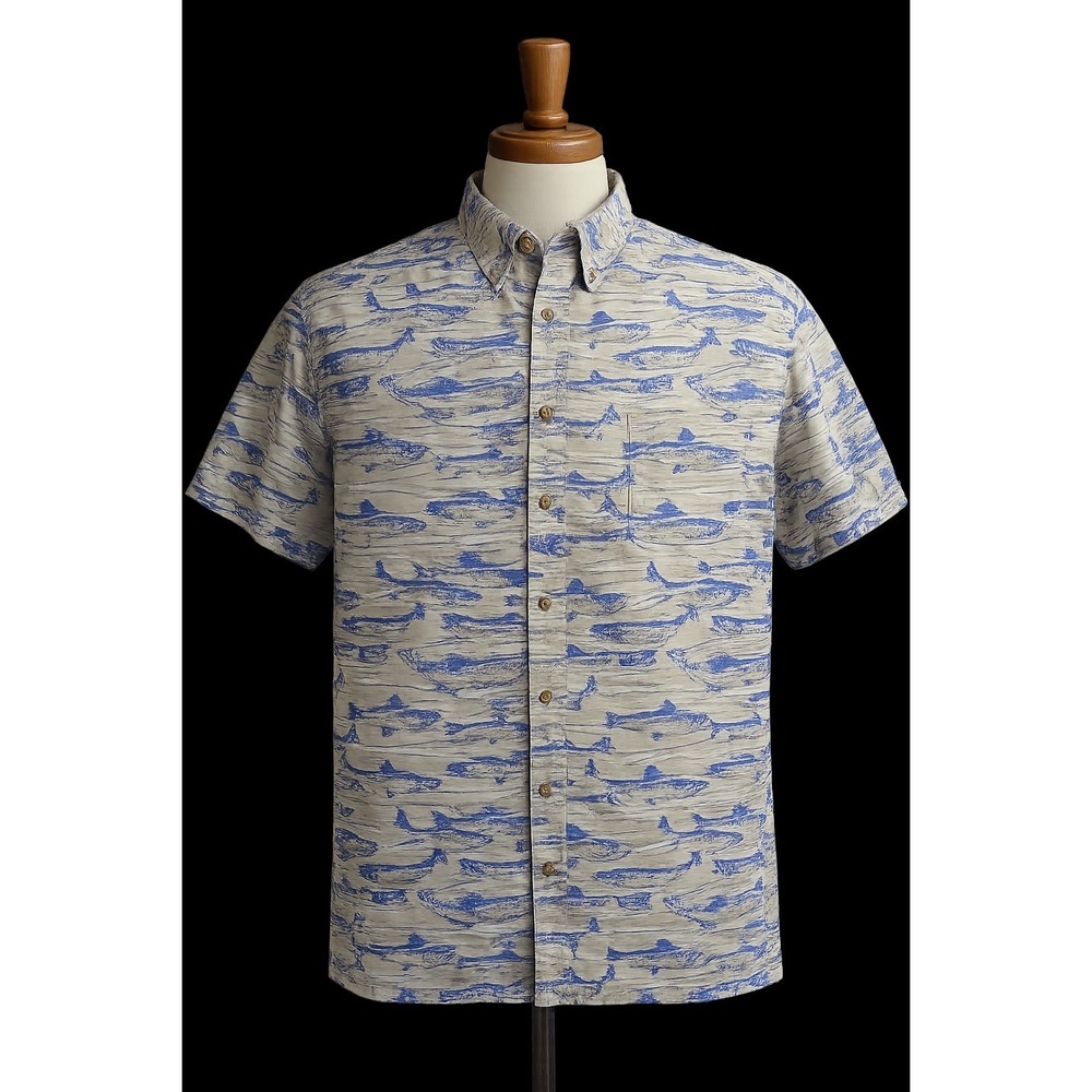 Redington Mens L Fish‎ Print Button Up Shirt Cotton Fly Fishing Short Sleeve